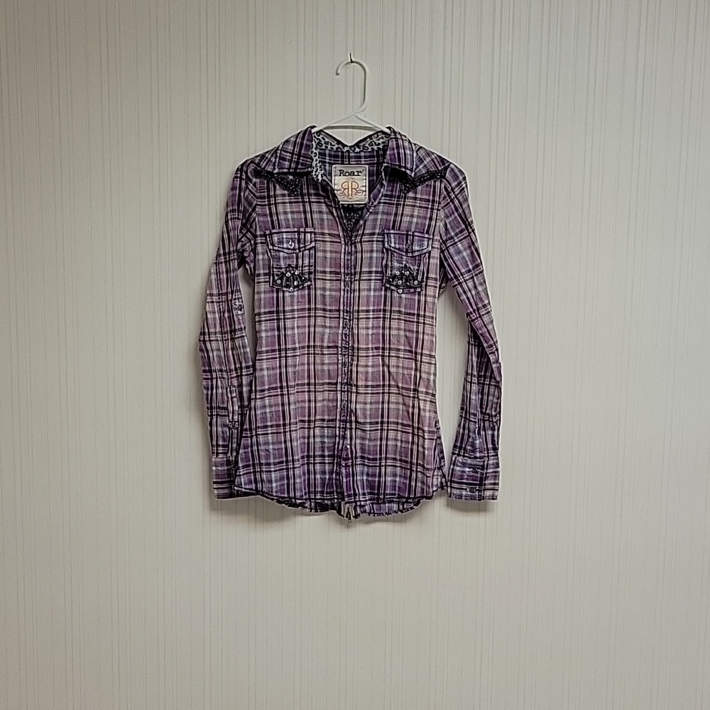 Roar purple plaid embellished western shirt  women's sz small